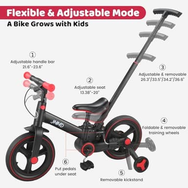 JMMD Toddler Bike with Push Handle for Kids 18-60 Months, 6 in 1 Foldable Push Bike with Training Wheels, Pedals, Brakes, Kickstand, Kid Balance Bike Gift & Toys for Boy & Girl, Black - Image 4