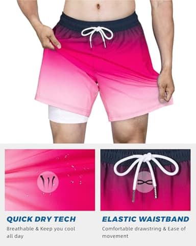 SURF CUZ Mens Swim Trunks with Compression Liner Mens Swimming Trunks 5 Inch Bathing Suit with Zipper Pockets Quick Dry Swim Shorts Cherry Pink Gradient Medium - Image 9
