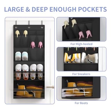 FENTEC 1 Pack Over-the-Door-Shoe-Organizers, Hanging Shoe Organizer with Large Pocket Shoe Holder Hanging Shoe Rack for Closet Shoe Organizer for Wall, Over Door Organizer with 15 Pockets Black - Image 2