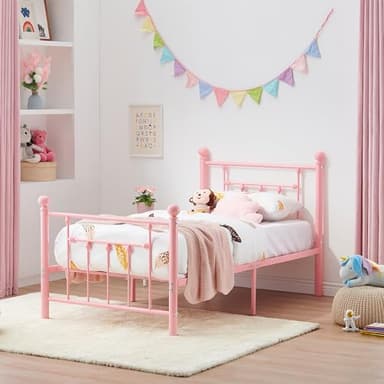 VECELO Twin Size Metal Platform Bed Frame with Headboard and Footboard, Heavy Duty Slat Support/No Box Spring Needed Mattress Foundation/Underbed Storage Space, Victorian Style - Image 3