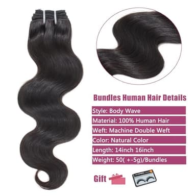 Body Wave Bundles Human Hair - 4 Bundles, 14/16 Inch, 100% Unprocessed Brazilian Virgin Hair Weave, Natural Black - Image 2