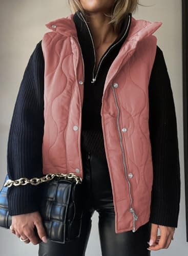 EVALESS Womens Fashion Cropped Puffer Vest Fall Winter 2025 Lightweight Quilted Stand Collar Sleeveless Button Down Jackets Warm Coat Outerwear Gilet with Pockets Gossamer Pink Small - Image 2