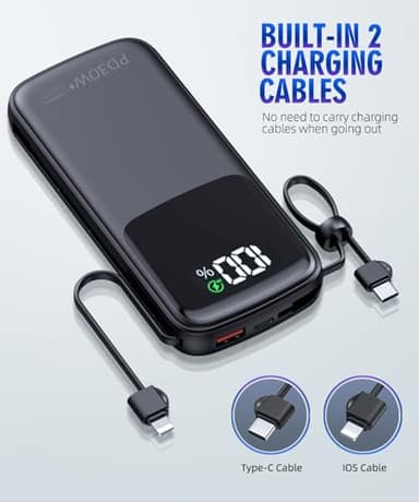 Portable-Charger-Power-Bank - 15000mAh Power Bank Supports PD 30W Fast Charging Built-in AC Wall Plug and 2 Output Cables with LED Display for iPhone iPad and Most Electronic Devices(Black) - Image 4