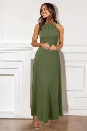 STYLEWORD Women's Summer Halter Neck Long Formal Dress Sexy Sleeveless Cocktail Evening Party Wedding Guest Maxi Dresses(Army Green,L) - Image 2