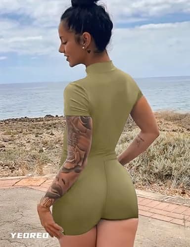 YEOREO Women Short Sleeve Workout Jumpsuit Zip Up Romper Bottom Shorts Bodysuit Bodycon Sexy One Piece Green XL - Image 4