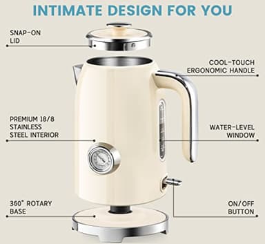 SUSTEAS Electric Kettle - 57oz Hot Tea Kettle Water Boiler with Thermometer, 1500W Fast Heating Stainless Steel Tea Pot, Cordless with LED Indicator, Auto Shut-Off & Boil Dry Protection, Beige - Image 2