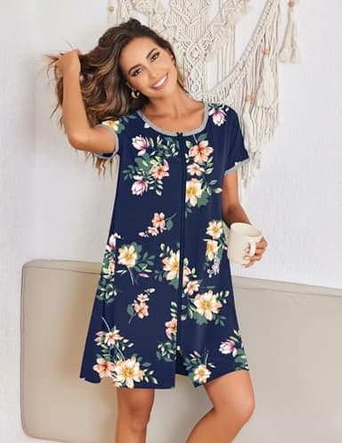 Ekouaer Zip Up Robes for Women Short Sleeves Zipper House Coat Short Bathrobes Lightweight Nightgown with Pockets S-3XL - Image 2