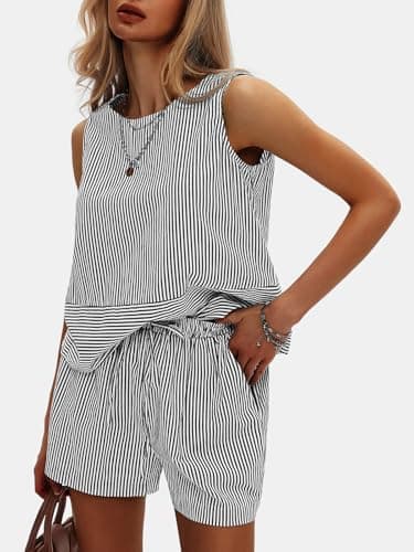 EXLURA Women's Summer 2 Piece Outfits Sleeveless Tank Top Matching Shorts Sets Cotton Striped Sweatsuits Vacation Beach 2025 - Image 3