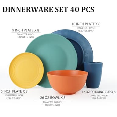 Perlapoc Wheat Straw Dinnerware Set 40 PCS - Service for 8 | Plates and Bowls Sets | Unbreakable Dishes Set - Dinner Plates, Dessert Plate, Cereal Bowls, Drinking Glasses, Dishwasher Safe - Multi - Image 2