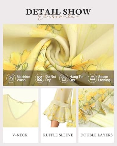 Bebonnie Women Blouses Dressy Casual Tops: Womens Ruffle 3/4 Sleeve V Neck Double Layers - Dressy Tops for Women for Evening Party Wedding - Spring Tunic Tops to Wear with Leggings Multi Yellow L - Image 4
