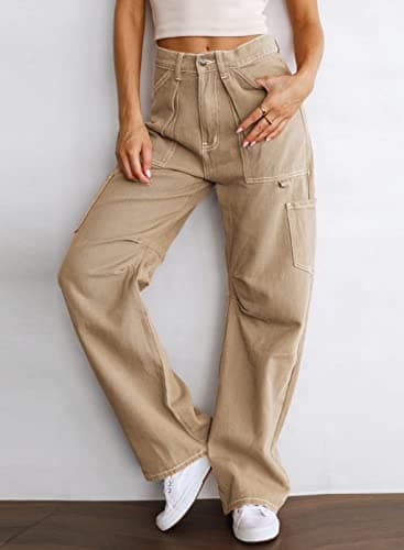 Dokotoo Women's Pants High Waisted Cargo Pants Women Baggy Jeans for Women Straight Wide Leg 2025 Spring Outfits Fashion Clothes Casual Trendy Pocket Teen Girls Trousers Stretch Denim Khaki - Image 2