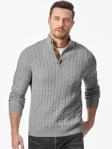JMIERR Men's Cable Knit Slim Fit Casual Long Sleeve Essentials Soft Touch Button Stand Collar Wool Christmas Sweaters, M, Grey - Image 4