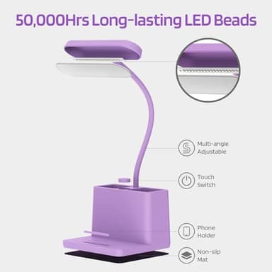 AXX Cute Purple Desk Lamp, Rechargeable Study Table Light for Home Office, Small, Battery Operated, LED, Flexible Gooseneck, Mini, Cordless, College Dorm Room Desktop Accessories for Teen Girls - Image 5