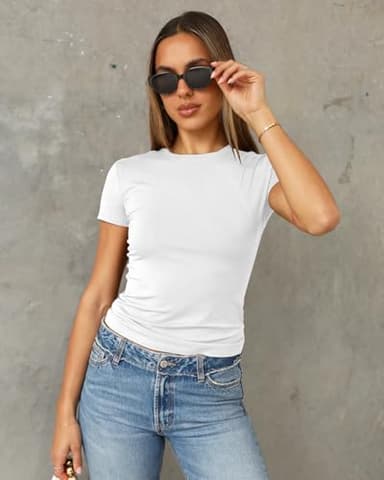 Abardsion Women's Casual Basic Going Out Crop Tops Slim Fit Short Sleeve Crew Neck Tight T Shirts 2025 (White, S) - Image 3