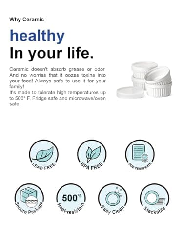 LE TAUCI Ramekins with Silicone Lids, 4 OZ Ceramic Soufflé Dishes, Ramekin Bowls for Crème Brûlée, Dessert, Dips, Oven & Microwave Safe, Set of 4, White - Image 9