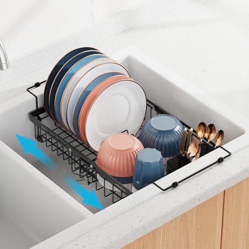 iSPECLE Expandable in Sink Dish Drying Rack - Adjustable Capacity Large Over The Sink Dish Drainer Drying Rack, Dish Rack with Utensil Holder, Black - Image 1