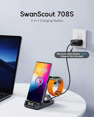 Wireless Charging Station for Samsung, 3 in 1 Wireless Charger for Samsung S25/S24/S23/Z Flip/Z Fold, for Galaxy Watch 8 Classic/8/Ultra/7/FE/6/5, SwanScout 708S (NO Adapter) - Image 2
