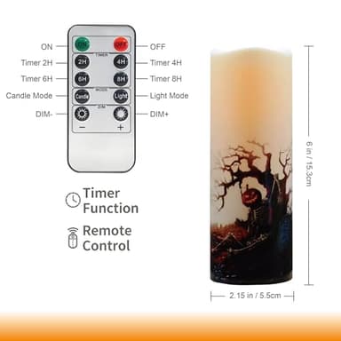 Halloween Flameless LED Candles, Set of 6, Gothic Design with Remote Control, 6 in x 2.15 in, 2AA Battery Operated 400+ Hours, Timer Function, Halloween Decorations in Fall, Indoor/Outdoor Ues. - Image 2