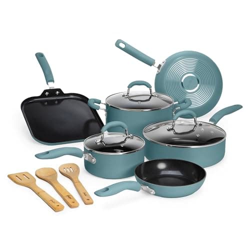 Goodful Ceramic Nonstick Pots and Pans Set, Premium Ceramic Coating Made without PFOA, PTFE or PFAS, Dishwasher Safe, 12-Piece, Turquoise - Image 1