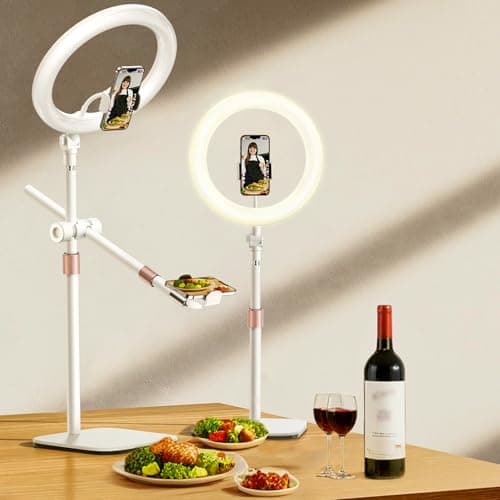 Overhead-Phone-Mount,Stable Overhead-Camera-Mount-Stand [Anti-Shaking] with 10.5" Ring Light, Flexible Desk-Stand for iPhone with Ring-Light for Video-Recording,Zoom Meeting,YouTube,TikTok, White - Image 1