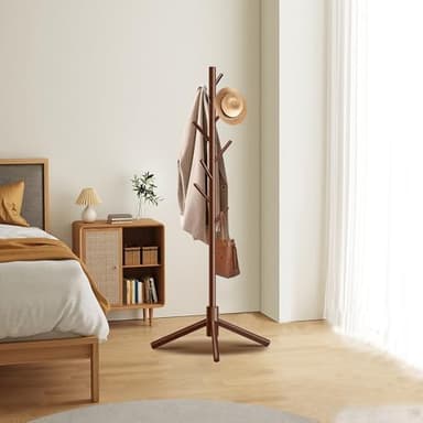 Unisakey Durable Wooden Coat Rack, Freestanding Coat Rack with Stable Triangular Base, 8 Hooks & 3 Adjustable Heights, Simple Assembly for Bedroom, Hallway, Office(New Brown) - Image 2