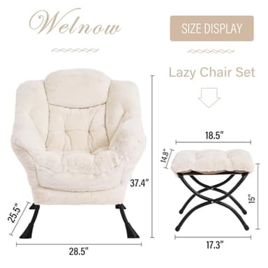 Welnow Lazy Chair with Ottoman, Modern Lounge Accent Chair with Armrests and a Side Pocket, Leisure Sofa Armchair, Reading Armchair with Footrest for Small Space, Plush Beige - Image 3