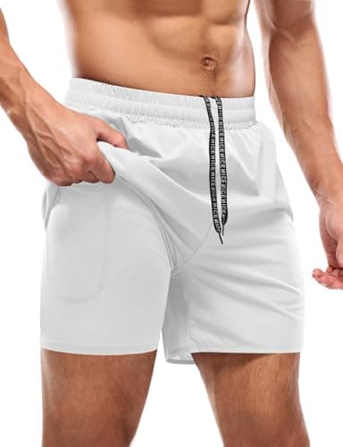 Aolesy Men’s 2 in 1 Running Shorts 5 Inch Quick Dry Workout Gym Shorts with Pockets Tennis Training Athletic Shorts with Liner for Men White - Image 1