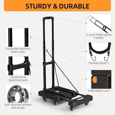 Folding Hand Truck, 500 LB Heavy Duty Luggage Cart, Utility Dolly Platform Cart with 6 Wheels & 2 Elastic Ropes for Luggage, Travel, Moving, Shopping, Office Use, Black - Image 6