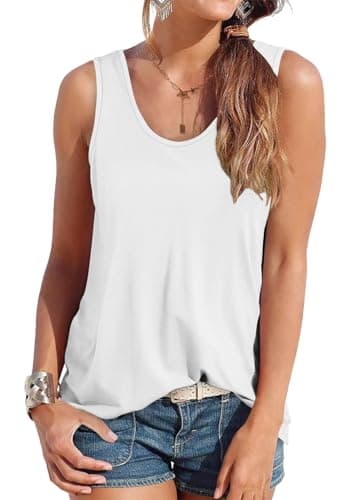 Smile Fish Women Scoop Neck Flowy Loose Fit Tank Top Sleeveless Summer Tops Shirts Cotton White,L - Image 1