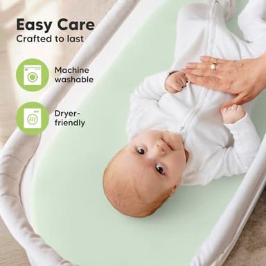 2-Pack Organic Bassinet Sheets for Girls, Boys - 100% Cotton Bassinet Mattress Sheets Compatible with Halo Bassinest Swivel Sleeper, Graco, Baby Delight, Chicco, Unisex Fitted Bassinet Sheets (Sage) - Image 7
