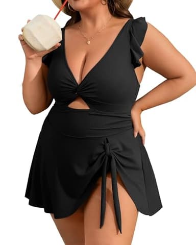 Charmo Women's Tie Knot Plus Size Swimsuit for Women Tummy Control One Piece Bathing Suit Slimming Ruffle Swimdress Black 2X - Image 1