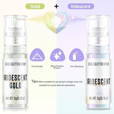 Edible Glitter Spray,2 Colors Iridescent & Iridescent Gold Food Grade Edible Glitter Set for Drink Cake Beverages,Cupcakes,Cake Pops and Cookies Decorating - Image 2