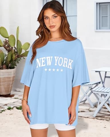 Womens Oversized Tshirt Graphic Tees Crew Neck Summer Short Sleeve Loose Fit Tops(Blue Letters, L) - Image 2