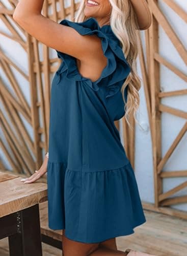 Dokotoo Boho Dresses for Women 2025 Spring Summer Drawstring V-Neck Ruffle Sleeveless Tank Dress Cap Short Sleeve Side Pockets Mini Dress Casual Beach Party Sun Dresses Sundress Blue X-Large - Image 3