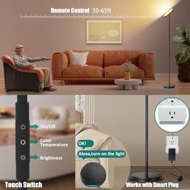 Floor Lamp, Upgraded 40W 4000LM Super Bright Torchiere LED Floor Lamps for Living Room, Stepless Dimmable Color Temperature 2700K-6500K with Remote & Touch Control, Standing Light for Bedroom Office - Image 6