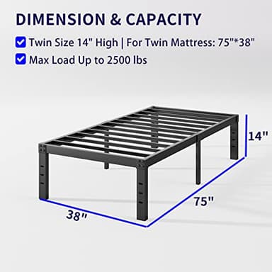 Neslime 14 Inch Twin Bed Frame No Box Spring Needed, Metal Platform Twin Size Bed Frame, Heavy Duty, Easy Assembly and Noise Free, Black - Image 3