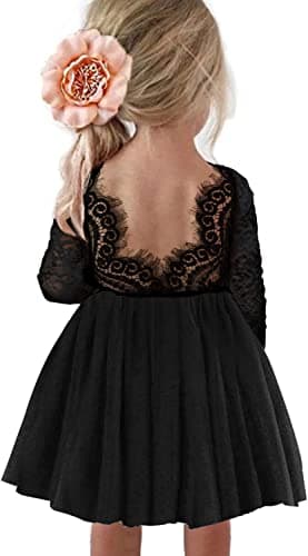 Girl Toddler Full-Length Straight Tulle Tutu Lace Back Party Flower Girl Dress (6-12 Months, Black Short)