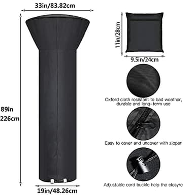 Patio Heater Covers with Zipper and Storage Bag,Waterproof,Dustproof,Wind-Resistant,Sunlight-Resistant,Snow-Resistant,Black,89'' Height x 33" Dome x 19" Base - Image 2