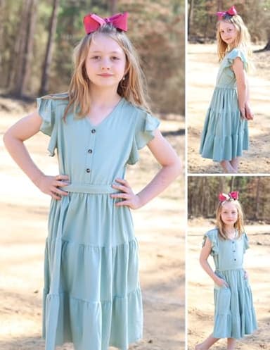 Arshiner Girls Dress Short Sleeve Summer V Neck Button Removable Belt Dresses with Pockets 5-6 Years Light Green - Image 5