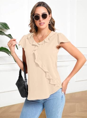 GUNEST Women Summer Tops Apricot Blouse Ruffle Crew Neck Short Sleeve Chiffon Dressy Solid Color Casual Loose Fit Work 2025 Spring Summer Trendy Shirts Outfits for Ladies Girls - Image 4