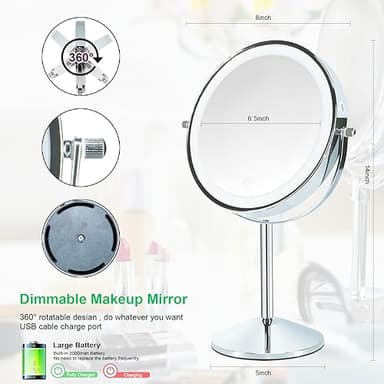 Aoglenic Makeup Mirror with Light, 8 inch Rechargeable 1X 10X Magnifying Mirror, Lighted Vanity Mirror with Magnification, Double Sided 360° Rotation, 3 Colors and Brightness Adjustable - Image 5