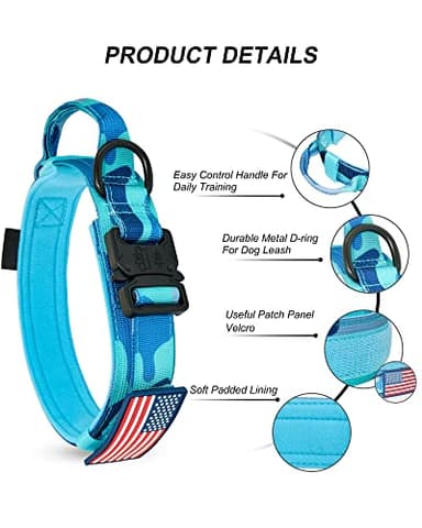 Hotsky Tactical Dog Collar, Adjustable Military Training Nylon Airtag Collar with Handle and Heavy Duty Metal Buckle for Medium Large Dogs, with Airtag Holder and Two Patches（Blue Camo,L） - Image 3