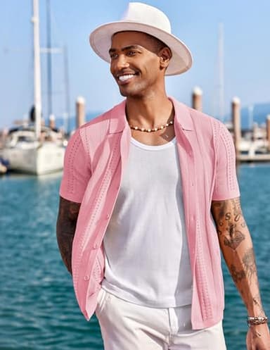COOFANDY Men's Short Sleeve Shirts Knit Button Down Polo Shirt Casual Summer Beach Tops Light Pink - Image 4
