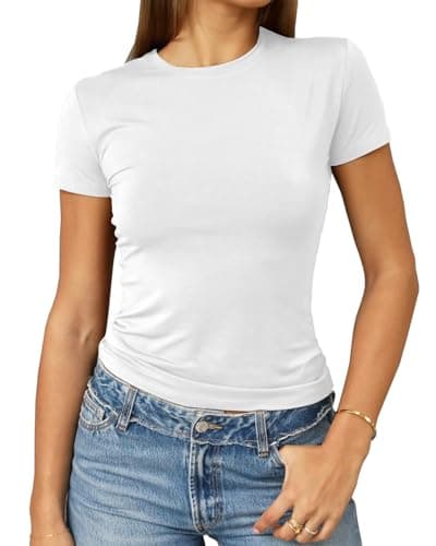 Abardsion Women's Casual Basic Going Out Crop Tops Slim Fit Short Sleeve Crew Neck Tight T Shirts 2025 (White, S) - Image 1