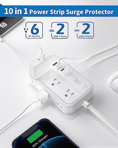 Surge Protector Power Strip with 6 Outlets 4 USB Ports(2USB C), Flat Extension Cord with Multiple Outlets, 1080 Joules, 5 ft Flat Plug Outlet Extender for Indoor, Office Supplies, Dorm Room Essentials - Image 2