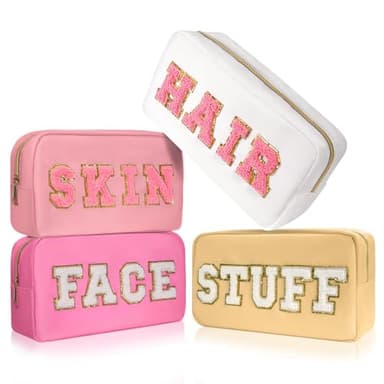 CasaCulina 4Pcs Preppy Makeup Bags Set, Cute Varsity Makeup Pouchs, Travel Cosmetic Bags Sewn with Skin/Hair/Face/Stuff Chenille Letter, Portable Nylon Zipper Toiletry Pouch Gifts for Girls Women - Image 1