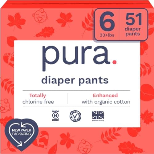Pura Hypoallergenic Diaper Pants Size 6 (33+ lbs) Overnight, up to 12 Hours Leak Protection, Suitable for Sensitive Skin, Totally Chlorine Free, Soft Organic Cotton, 3 Packs of 17 (51 Pull Up Pants) - Image 1