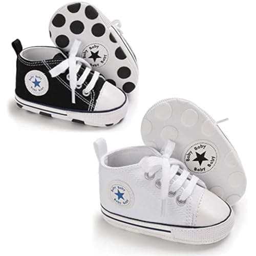 xioqen Unisex Baby Boys Girls Shoes, Newborn Infant Non-Slip Canvas Denim High Top Sneakers, Toddler First Walkers Shoes (011/2pairs/Black+White, 12-18 Months - Image 1