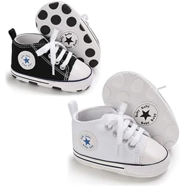 xioqen Unisex Baby Boys Girls Shoes, Newborn Infant Non-Slip Canvas Denim High Top Sneakers, Toddler First Walkers Shoes (011/2pairs/Black+White, 12-18 Months - Image 1