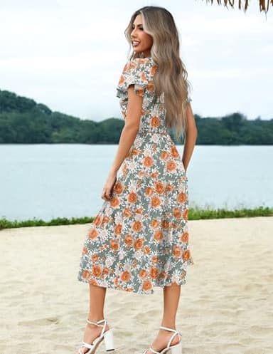 Zeagoo Midi Dresses for Women Floral Print Beach Long Tiered Ruffle Short Sleeve Flowy Dress Blue Orange Flower L - Image 6
